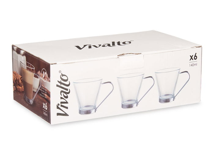 Vivalto Taza de Vidrio con Asa de Metal 140 ml Transparente/Plata 10.5 x 7.6 x 8.5 cm (Set de 72)