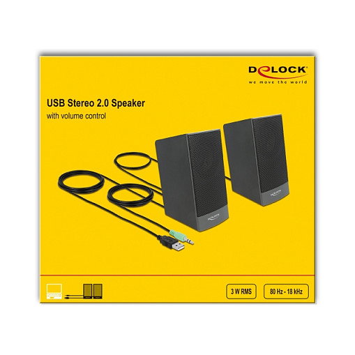 DeLOCK Altavoces Estéreo 2.0 para PC con USB y Conector 3.5 mm, 3W, Color Negro - Ideal para Mesa y Escritorio