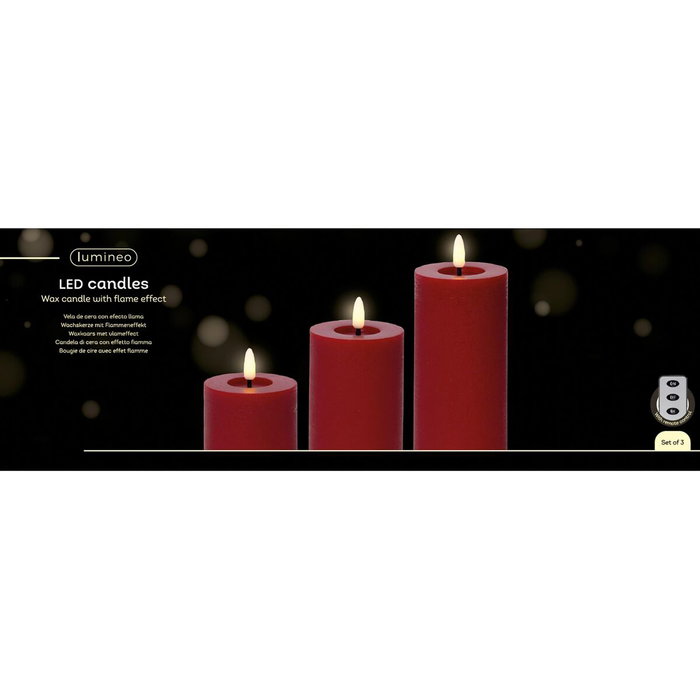 Lumineo Set de 3 Velas LED de Cera Rojas con Acabado Rústico Lumineo Set de 3 Velas LED de Cera Rojas con Acabado Rústico