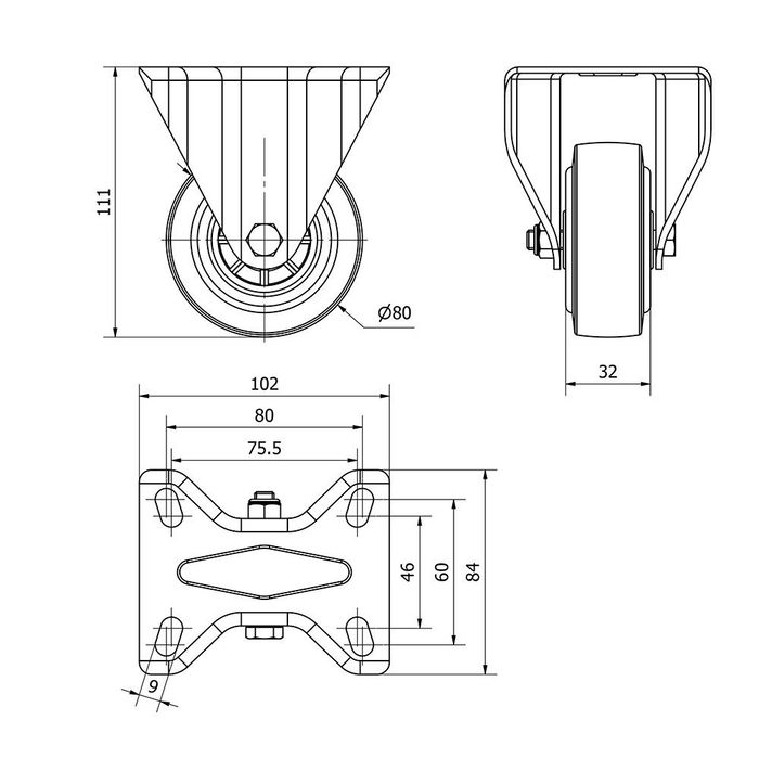 Ruedas Alex Rueda Fija con Placa y Eje de Rodillos Azul Poliamix Goma 80 kg Ø 8 cm