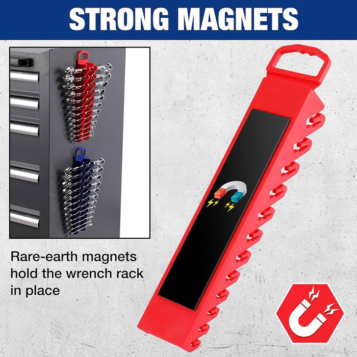 Workpro Soporte magnético para llaves, forma de tira con 12 posiciones para llaves combinadas, fijas o de estrella (6-24 mm), 280 x 56 x这群45 mm