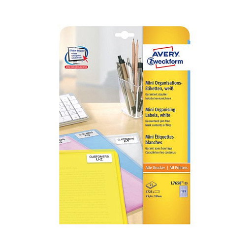 AVERY Zweckform L7658-25 Etiquetas blancas 25,4 x 10,0 mm AVERY Zweckform L7658-25 Etiquetas blancas 25,4 x 10,0 mm