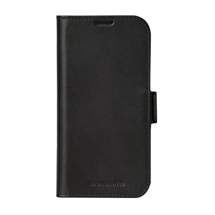 Dbramante1928 Copenhagen - Funda Folio de Cuero Negro para Apple iPhone 16 Pro (6.3") con Soporte, Cierre Magnético, Cargador Inalámbrico y Bolsillo para 3 Tarjetas