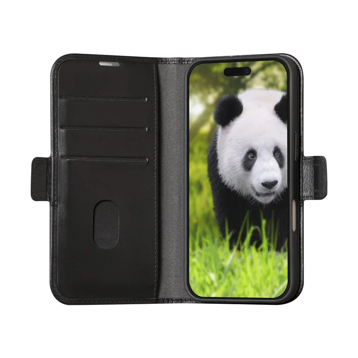Dbramante1928 Copenhagen - Funda Folio de Cuero Negro para Apple iPhone 16 Pro (6.3") con Soporte, Cierre Magnético, Cargador Inalámbrico y Bolsillo para 3 Tarjetas