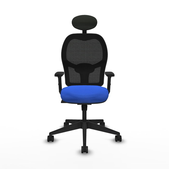 Silla de oficina Alocén con mecanismo Sincro tapizada con Tela color Azul y malla color Negro. Equipada con lumbar 1D, Brazos 2D, Cabecero Fijo y Ruedas 65mm nailon