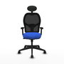 Silla de oficina Alocén con mecanismo Sincro tapizada con Tela color Azul y malla color Negro. Equipada con lumbar 1D, Brazos 2D, Cabecero Fijo y Ruedas 65mm nailon