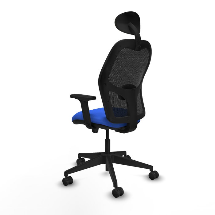 Silla de oficina Alocén con mecanismo Sincro tapizada con Tela color Azul y malla color Negro. Equipada con lumbar 1D, Brazos 2D, Cabecero Fijo y Ruedas 65mm nailon
