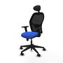 Silla de oficina Alocén con mecanismo Sincro tapizada con Tela color Azul y malla color Negro. Equipada con lumbar 1D, Brazos 2D, Cabecero Fijo y Ruedas 65mm nailon