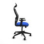 Silla de oficina Alocén con mecanismo Sincro tapizada con Tela color Azul y malla color Negro. Equipada con lumbar 1D, Brazos 2D, Cabecero Fijo y Ruedas 65mm nailon