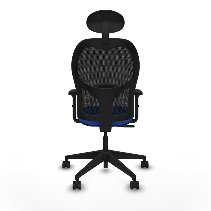 Silla de oficina Alocén con mecanismo Sincro tapizada con Tela color Azul y malla color Negro. Equipada con lumbar 1D, Brazos 2D, Cabecero Fijo y Ruedas 65mm nailon