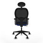 Silla de oficina Alocén con mecanismo Sincro tapizada con Tela color Azul y malla color Negro. Equipada con lumbar 1D, Brazos 2D, Cabecero Fijo y Ruedas 65mm nailon