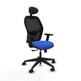 Silla de oficina Alocén con mecanismo Sincro tapizada con Tela color Azul y malla color Negro. Equipada con lumbar 1D, Brazos 2D, Cabecero Fijo y Ruedas 65mm nailon