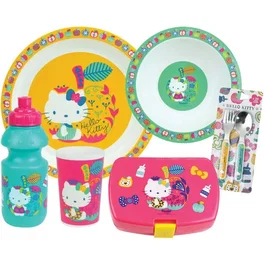 Fun House - Juego de Vajilla Hello Kitty con Vaso, Platos (16 cm y 22 cm), Cubiertos, Botella de Agua y Caja para Aperitivos