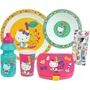 Fun House - Juego de Vajilla Hello Kitty con Vaso, Platos (16 cm y 22 cm), Cubiertos, Botella de Agua y Caja para Aperitivos