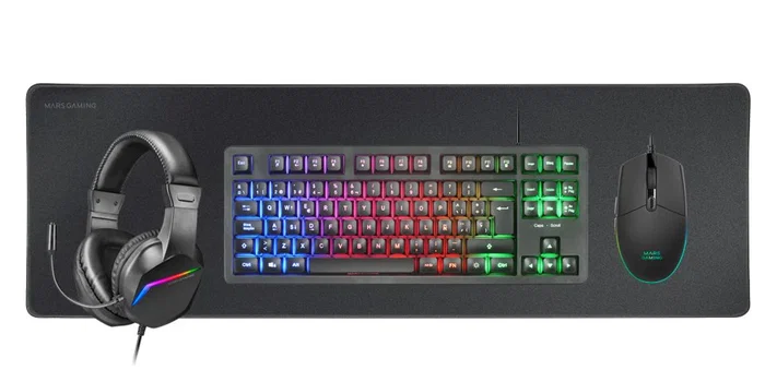 Mars Gaming MCP-RGB3 Combo 4 en 1 Gaming Negro - Teclado TKL Mecánico H-Mech RGB Español, Ratón Óptico 3200 DPI RGB Flow, Auriculares con Micrófono 50mm FRGB, Alfombrilla XXL