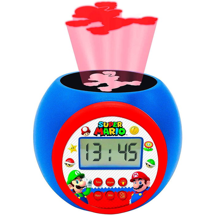 LEXIBOOK Reloj Despertador Super Mario Bros Proyector con Pantalla LCD Retroiluminada, Alarma con Repetición, Temporizador y Proyección de Mario en Techo