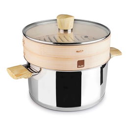 Ibili Olla con Vaporera Sanna - Acero Inoxidable con Vaporera de Bambú, Ø22 cm, con Tapa de Cristal y Apta para Todo Tipo de Fuegos