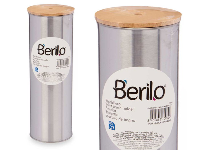 Berilo Escobillero Acero con Tapa de Bambú 9.5 x 27.5 x 9.5 cm (Set de 6)