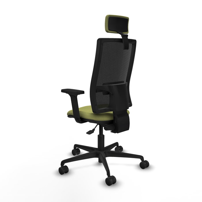 Silla de oficina Bormate con mecanismo Asincro tapizada con Tela color Verde oliva y malla color Negro. Equipada con lumbar 1D, Brazos 2D, Cabecero 2D y Ruedas 65mm nailon