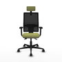 Silla de oficina Bormate con mecanismo Asincro tapizada con Tela color Verde oliva y malla color Negro. Equipada con lumbar 1D, Brazos 2D, Cabecero 2D y Ruedas 65mm nailon