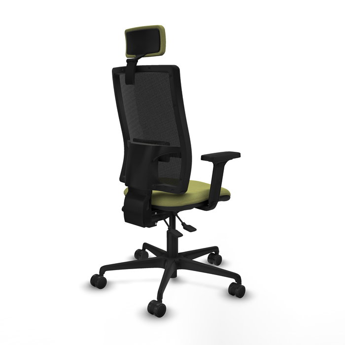 Silla de oficina Bormate con mecanismo Asincro tapizada con Tela color Verde oliva y malla color Negro. Equipada con lumbar 1D, Brazos 2D, Cabecero 2D y Ruedas 65mm nailon