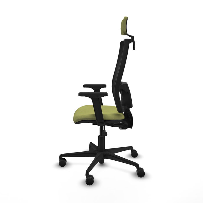Silla de oficina Bormate con mecanismo Asincro tapizada con Tela color Verde oliva y malla color Negro. Equipada con lumbar 1D, Brazos 2D, Cabecero 2D y Ruedas 65mm nailon