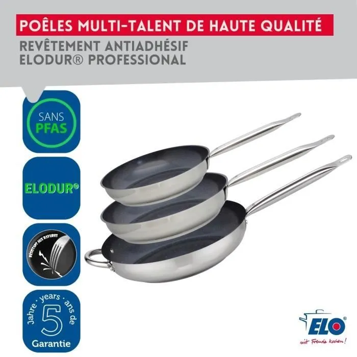 Elo Juego de 3 Sartenes de Inducción Profesional Acero Inoxidable 18/10 ELODUR Ø 24-28 y 32 cm ELO1718237506498