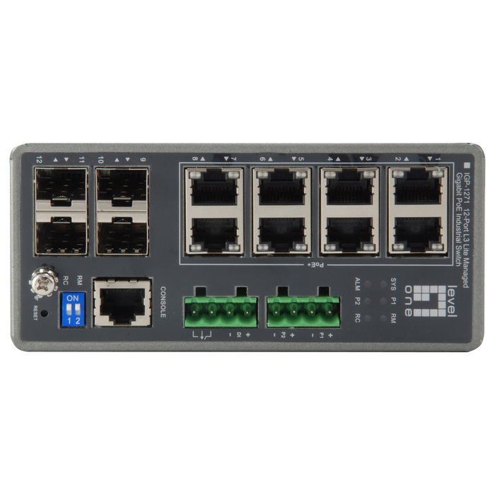 LevelOne IGP-1271 TURING Switch Industrial L3 Lite 12 Puertos, 240W PoE+, 4 SFP LevelOne IGP-1271 TURING Switch Industrial L3 Lite 12 Puertos, 240W PoE+, 4 SFP
