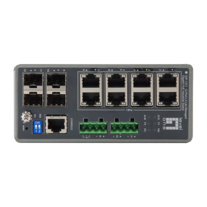 LevelOne IGP-1271 TURING Switch Industrial L3 Lite 12 Puertos con 8 PoE+ y 4 SFP LevelOne IGP-1271 TURING Switch Industrial L3 Lite 12 Puertos con 8 PoE+ y 4 SFP