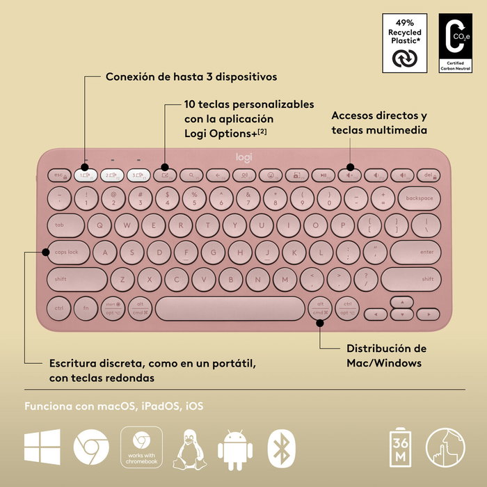 Logitech Pebble Keys 2 K380s Rosa QWERTY