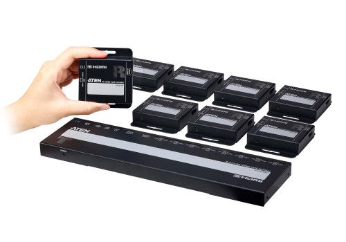 Aten VS1828KIT-AT-G - Distribuidor / Splitter HDMI 4K sobre Cat 6 de 8 Puertos en Kit, con 8 Receptores, Salida HDMI Local y POC