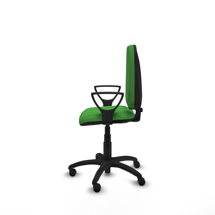 Silla de oficina Aýna con mecanismo Contacto permanente básico tapizada con Tela color Verde. Equipada con Base poliamida negra, Brazos fijos y Ruedas autofrenantes