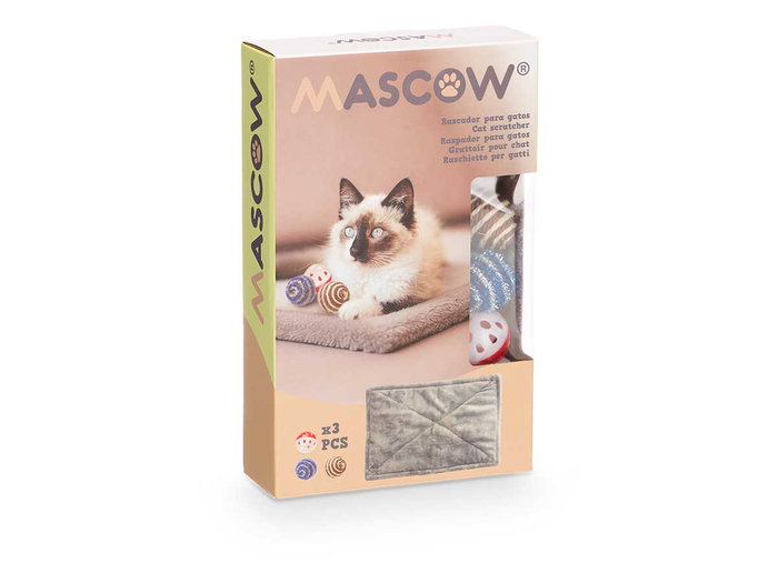 Mascow Set Alfombra Mascota 3 Bolas 59.5x38x3 cm + Bolas 4.5 cm Gris Poliéster y Sisal (Set de 12)