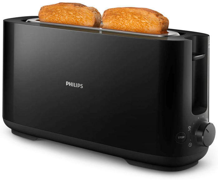 Philips Tostadora Daily Collection HD2590/90 - Ranura Larga, 2 Rebanadas, 8 Ajustes de Tostado, Descongelar, Recalentar, Negro