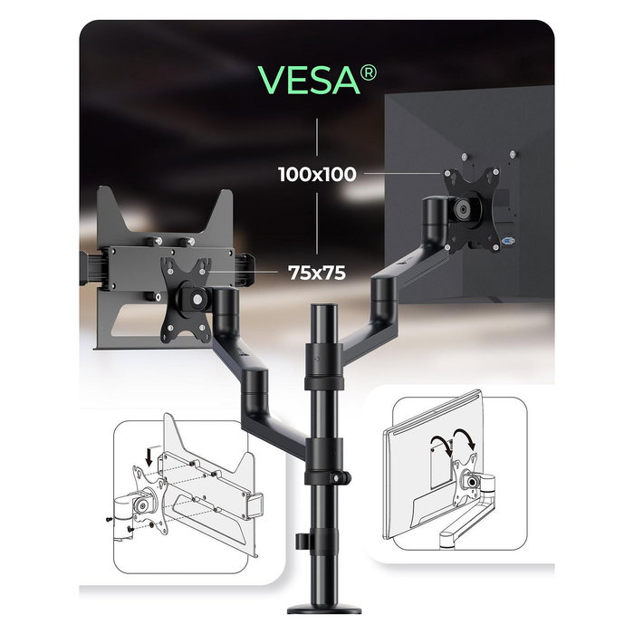 ICY BOX IB-MS622-T Soporte de Monitor de Escritorio con Pinza/Atornillado, 13 kg, Ajustable, 17-32 Pulgadas, Compatibilidad VESA 100x100 y 75x75 mm, Negro