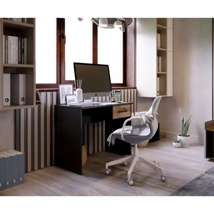 Escritorio con cajones pequeño - Decoración en negro y roble - L 90 x P 50 x H 74 cm