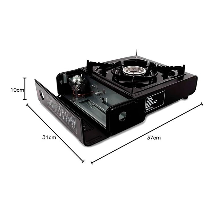 Alpen Camping Tyrol Cocina Portátil de 1 Fuego para Camping, Usa Cartucho Gas 227 g, Incluye Maletín, 2.0 KW, Negra, 36 x 12 x 30 cm