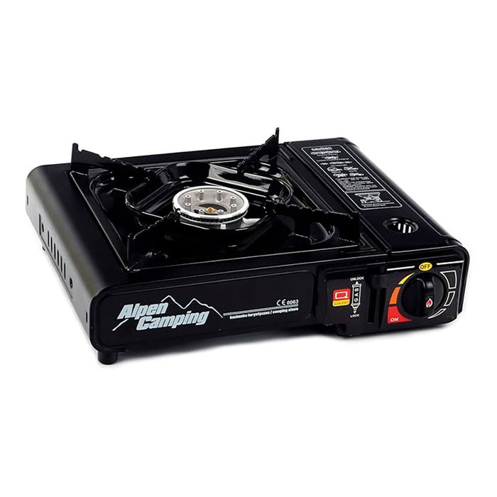 Alpen Camping Tyrol Cocina Portátil de 1 Fuego para Camping, Usa Cartucho Gas 227 g, Incluye Maletín, 2.0 KW, Negra, 36 x 12 x 30 cm