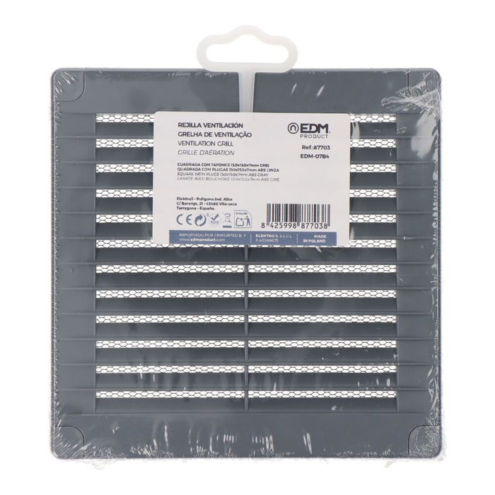 Edm Rejilla de ventilación cuadrada 150x150x7mm con tapones y mosquitera ABS gris