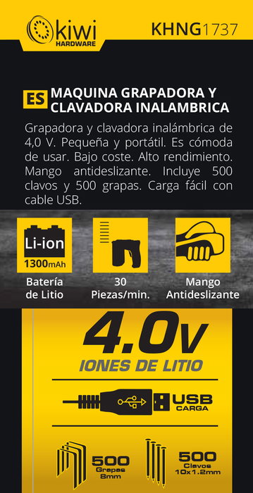 Kiwi Grapadora/Clavadora Inalambrica 4.0 V con Dimensiones 17 cm (ancho) x 16 cm (alto) x 7 cm (largo) (4 Unidades) Kiwi Grapadora/Clavadora Inalambrica 4.0 V con Dimensiones 17 cm (ancho) x 16 cm (alto) x 7 cm (largo) (4 Unidades)