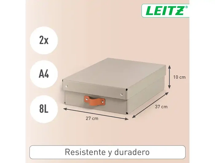 Leitz Caja de almacenaje de cartón mediana baja con asa de piel, beige, pack de 2 unidades, 8 litros
