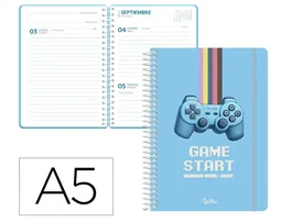 Liderpapel Agenda Escolar Game On 2026-2027 A5 Día Página, Espiral, Azul, Bilingüe, Papel FSC 80g, con Gomilla y Pegatinas