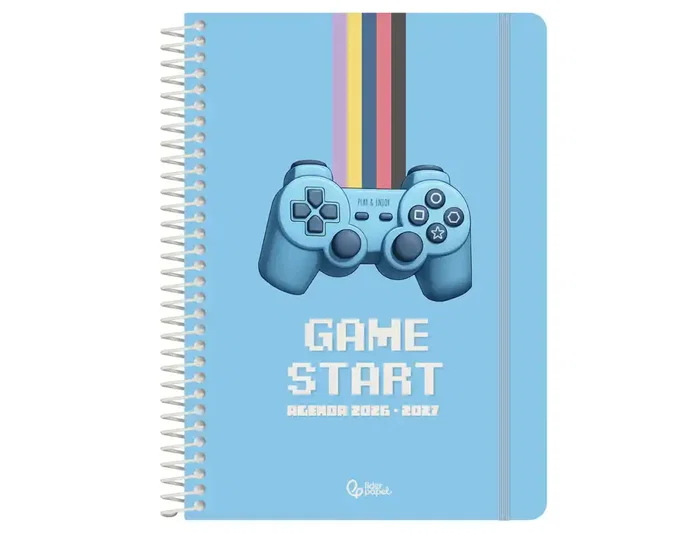 Liderpapel Agenda Escolar Game On 2026-2027 A5 Día Página, Espiral, Azul, Bilingüe, Papel FSC 80g, con Gomilla y Pegatinas