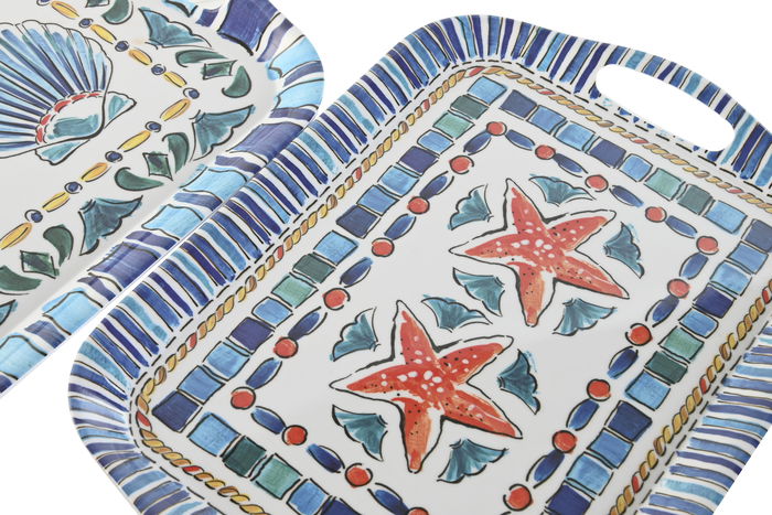 DKD Home Decor Bandeja Atlantico Naranja Azul Melamina 26 x 2.5 x 36 cm (6 Unidades)