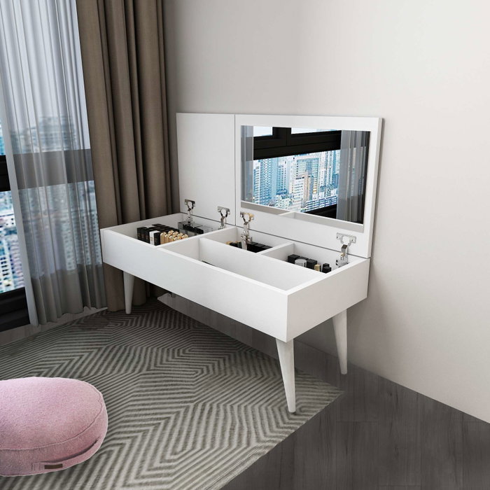 Hanah Home Mesa de Maquillaje Blanca con Espejo. Ancho: 79.4 cm, Altura: 31 cm, Profundidad: 35 cm. Tablero de partículas melamina 18 mm