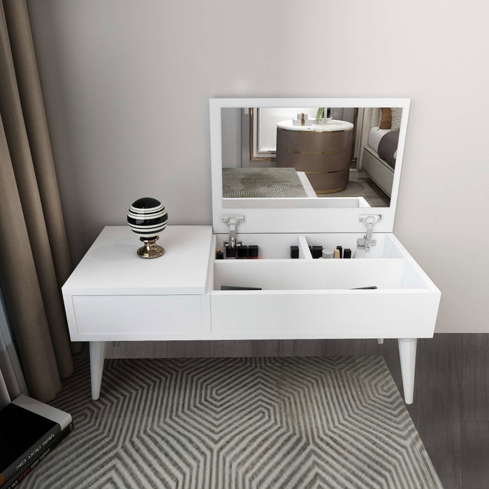 Hanah Home Mesa de Maquillaje Blanca con Espejo. Ancho: 79.4 cm, Altura: 31 cm, Profundidad: 35 cm. Tablero de partículas melamina 18 mm