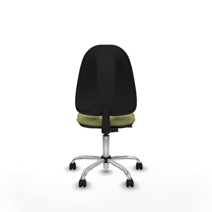 Silla de oficina Algarra con mecanismo Contacto permanente básico tapizada con Tela color Verde oliva. Equipada con Base cromada, Sin brazos y Ruedas de nailon 50 mm