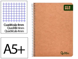 Liderpapel Cuaderno espiral A5 Ecouse tapa cartulina kraft 80 hojas, papel reciclado 80gr, cuadro 4mm