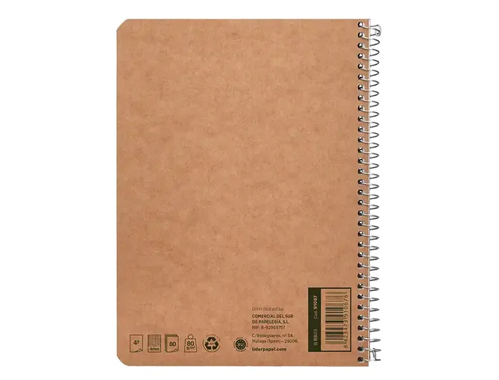 Liderpapel Cuaderno espiral A5 Ecouse tapa cartulina kraft 80 hojas, papel reciclado 80gr, cuadro 4mm