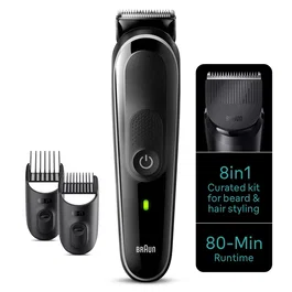Braun MGK3440 Cortadora de pelo y maquinilla Negro, Gris - Recargable, Batería integrada NiMH, 80 min autonomía, Incluye 8 accesorios, cepillo, peine y funda